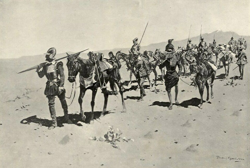 A painting of Coronado leading his men through the desert