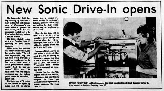Headline reads, 'New Sonic Drive-In opens.  Below the text is a photograph of a women and young man inspecting a soft-drink dispenser.