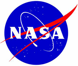The NASA logo features a blue circle with small stars. A sweeping red stylized wing points to the right, and a tilted circular path represents and orbit. 