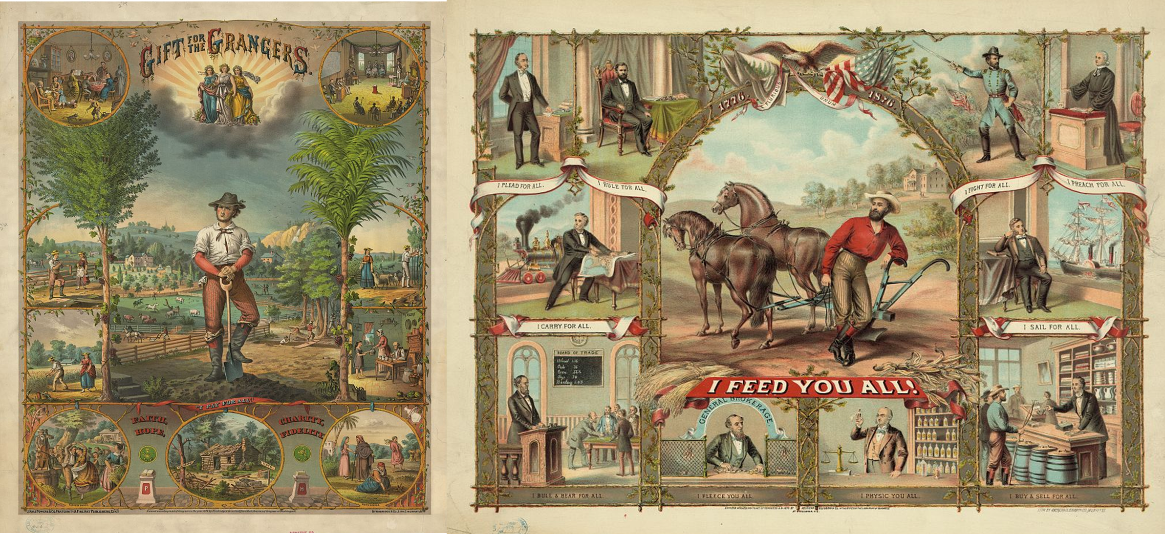  One print is entitled, 'Gift for the Grangers: Faith, Hope, Charity, Fidelity' and shows a variety of scenes of daily life on the outside of a larger image of a farmer in a field. The other print has a large title, ' I feed you all' under a picture of a farmer, plow, and two horses. Along the outside of this larger image is images of different occupations such as a lawyer, sailor, and preacher with captions describing what they do. 
