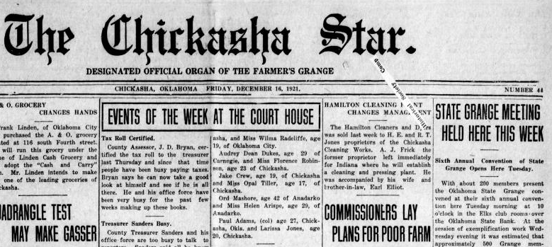 Chickasha Star clipping that includes the subheading: 'designated official organ of the Farmer's Grange.' 