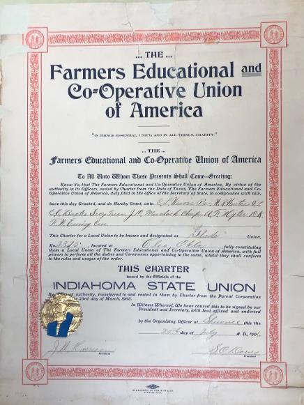 Charter for the Farmers Educational and Co-Operative Union of America, Cleo, Oklahoma 1906