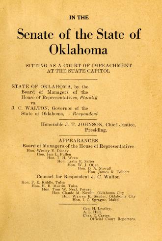 Cover with the title, 'In the Senate of the State of Oklahom, Sitting as a Court of Impeachment at the State Capitol.' 