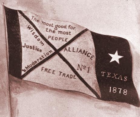 A flag with black borders on the sides and a black x in the center on a white field. It reads, 'The most good for the most people; wisdom, justice, and moderation; free trade; Alliance no. 1; Texas 1978.' There is a white star in the black border on the right. 