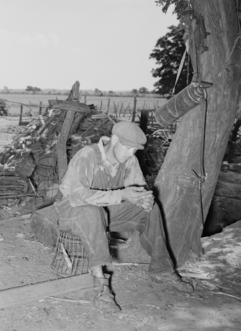 Man sitting on an upside-down wire basket next to a tree and in front of a pile of debris and a field. 