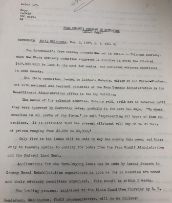 A typewritten page with the title 'Farm Tenancy Program In Operation' and the article. 