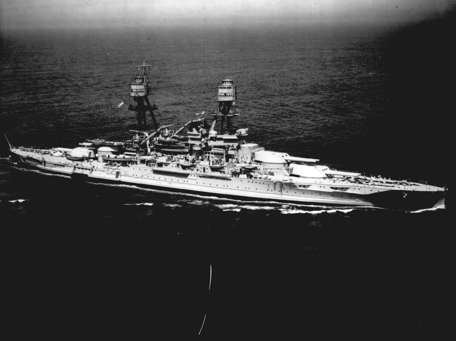 USS Oklahoma pictured from overhead that shows the addition of modern weapons and towers following modernization in the 1930s.
