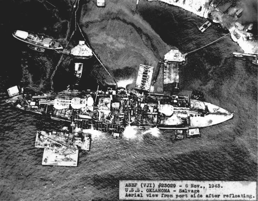 Ariel view after the Oklahoma. Other vessels taking part in the operation are seen.