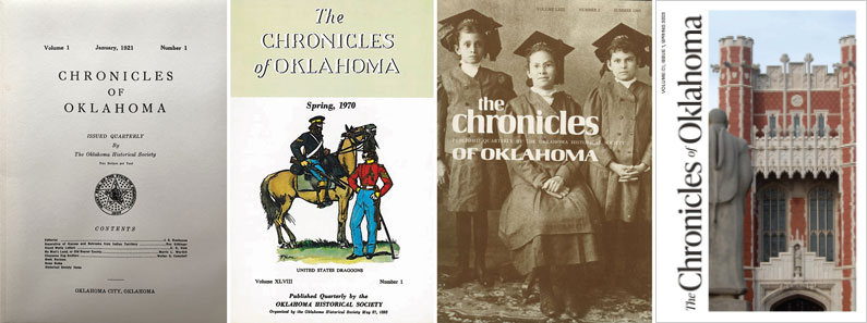 Collage of Chronicles covers including a simple text-only cover from 1921, a 1970 cover illustration of a dragoon trooper on horseback next to a standing trooper holding a carbine, a 1985 cover with a historic photograph of Cherokee Female Seminary students wearing school uniforms and mortar boards, and a 2023 cover with modern photograph of Bizzell Memorial Library at the University of Oklahoma