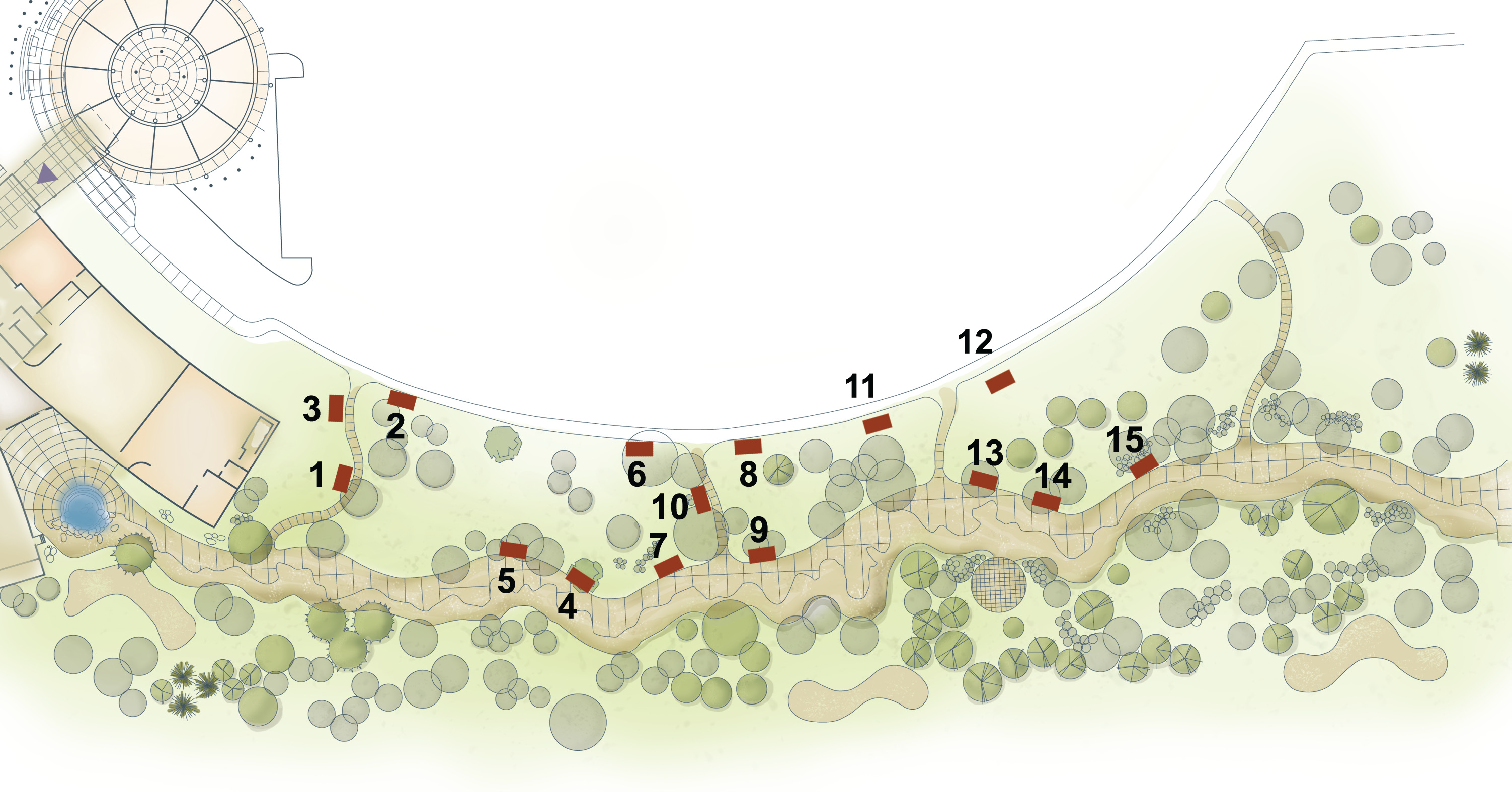 Illustration of the Red River Journey showing numbered locations of brick patios.