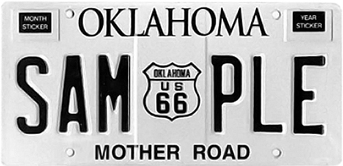 Black and white license plate featuring Route 66 sign and Mother Road