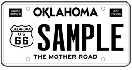Black and white license plate featuring and Oklahoma Route 66 highway sign and the text 'The Mother Road'
